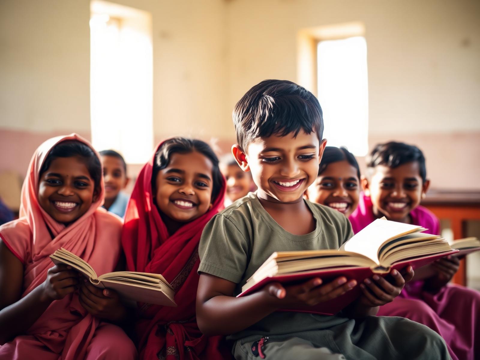 Smiling children reading together